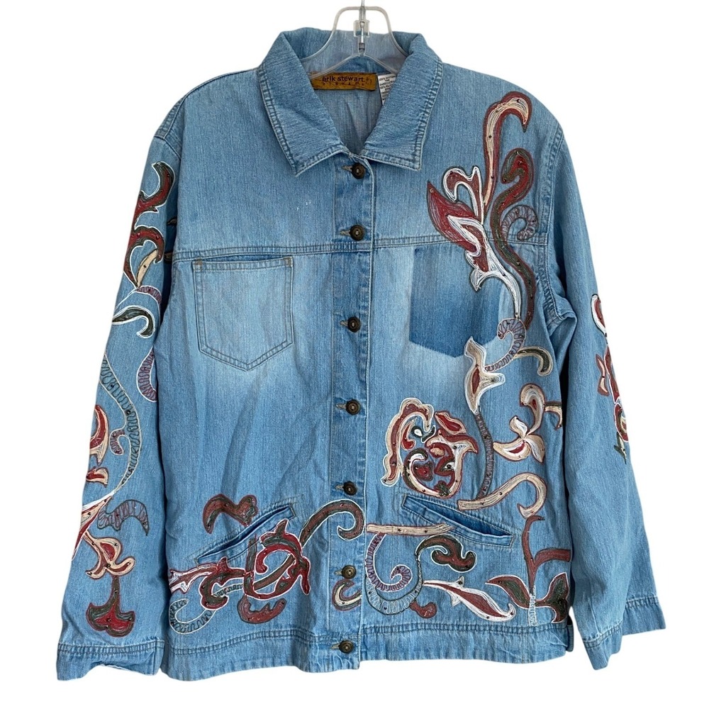 Erik Stewart Vintage Denim Jacket Womens L Floral Embroidered Boho Size 2